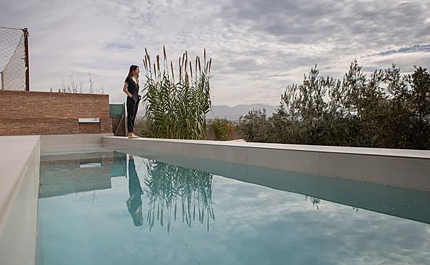 La piscina, en forma forma de alberca, está alimentada por una acequia interna y desborda hacia la Vega de Granada. 