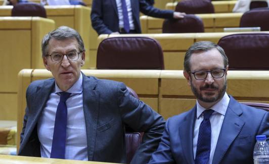 Alberto Núñez Feijóo y Javier Maroto, este martes en el senado. 