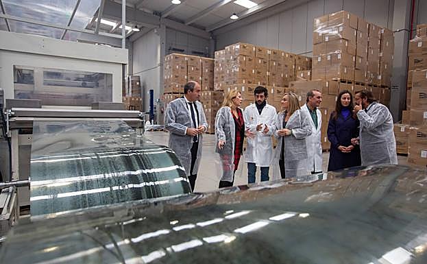 Imagen principal - Las consejeras España y Carazo acompañadas por el gerente e Envases Ureña durante su visita de este miércoles. 