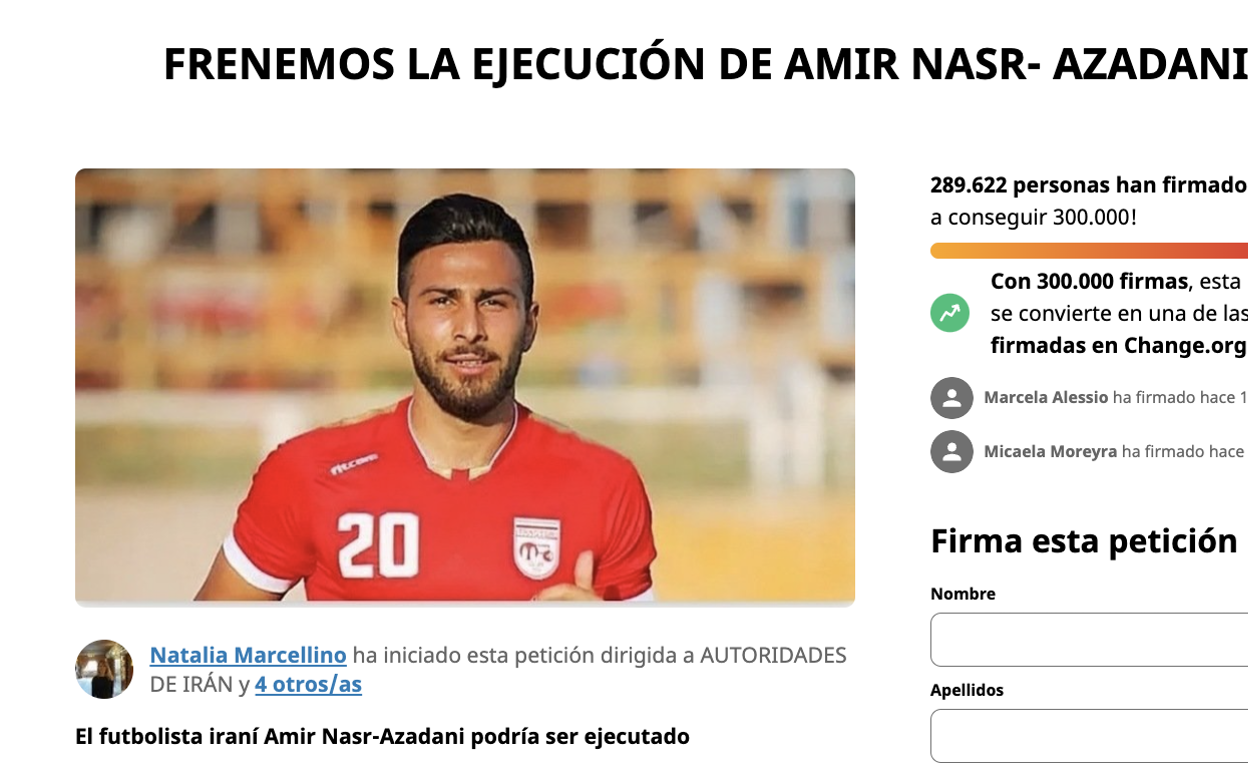 Solicitud de firma para frenar la ejecución del futbolista iraní. 