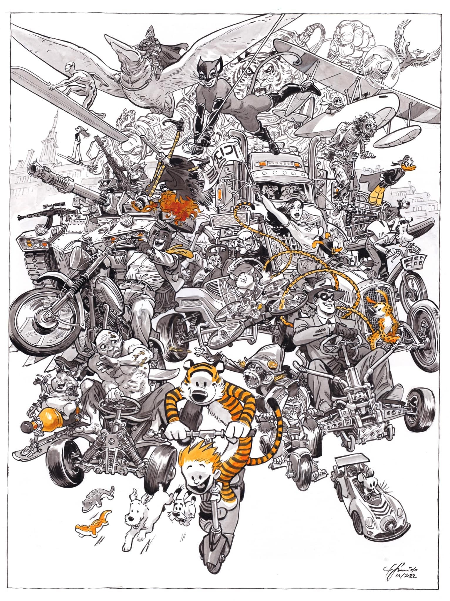 Juanjo Guarnido volverá este año con la esperadísima segunda parte de 'Blacksad 6: Todo cae'. Mientras llega, el granadino –afincado en París– acaba de presentar una obra que formará parte de la exposición dedicada al 50 aniversario del Festival de Angouleme. El cuadro, repleto de guiños a sus personajes y autores favoritos, es una delicia.