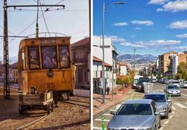 Tranvía atravesando la Calle Real de Motril, en Armilla, a principios de los años 70, con la acequia aún visible | Vía de Armilla en la actualidad