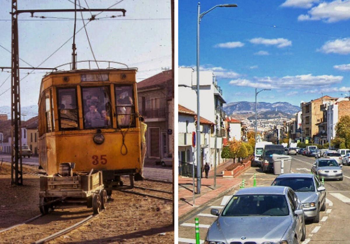 Tranvía atravesando la Calle Real de Motril, en Armilla, a principios de los años 70, con la acequia aún visible | Vía de Armilla en la actualidad