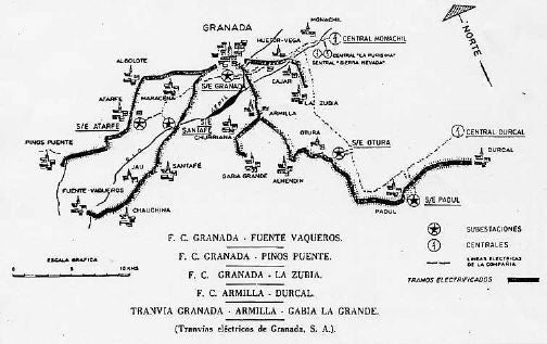 Mapa de la red del tranvía de Granada y el área metropolitana en los años 40