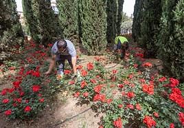Operarios de Santa Fe comprueban el riego por goteo de los jardines, para ahorrar.