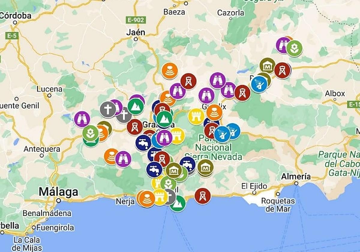 Mapa de la provincia de Granada con los puntos de interés de las diez rutas
