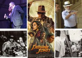 Póster de la nueva película de Indiana Jones, rodeado de recuerdos relacionados con Granada.