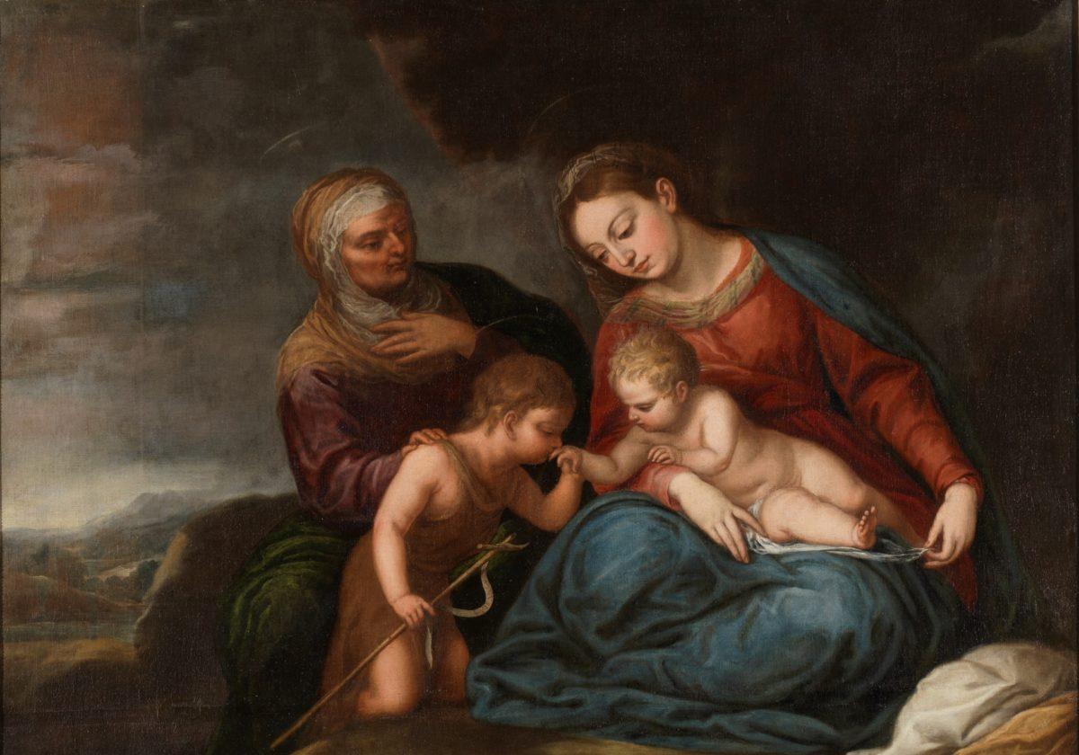 San Juan Bautista, besa la mano de Jesús en presencia de su madre Santa Isabel y la prima de ésta, La Virgen María.