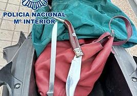 El bolso recuperado y las armas intervenidas.