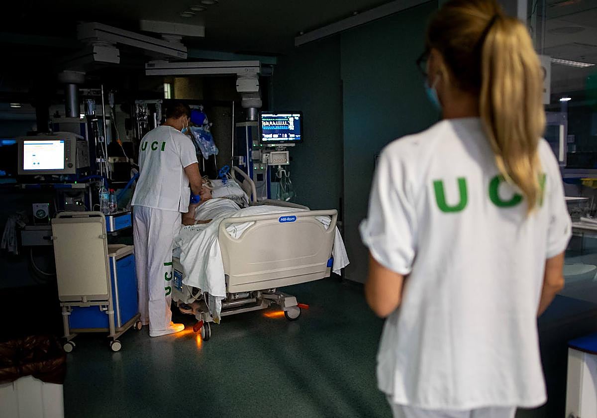 Profesionales de la UCI atienden a un paciente ingresado en el Hospital Clínico San Cecilio.