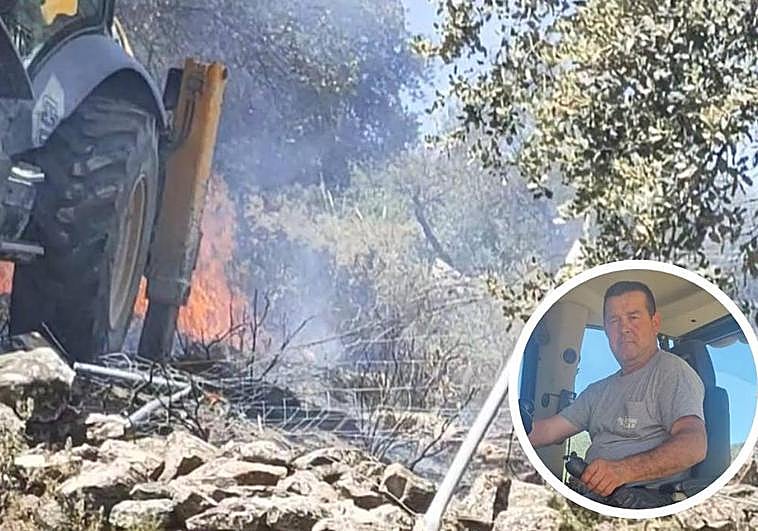 A la izquierda, momento en el que Elías luchaba contra el fuego en su excavadora. A la derecha, primer plano del valiente vecino.