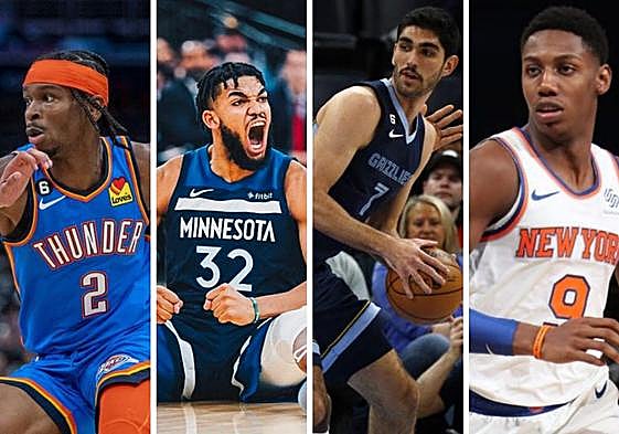 Shai Gilgeous-Alexander, Karl-Anthony Towns, RJ Barret y Santi Aldama.
