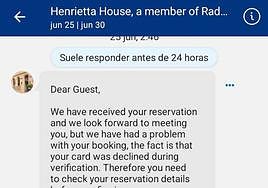Parte del mensaje que Javier recibió por Booking.