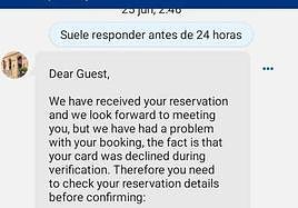 Parte del mensaje que Javier recibió por Booking.