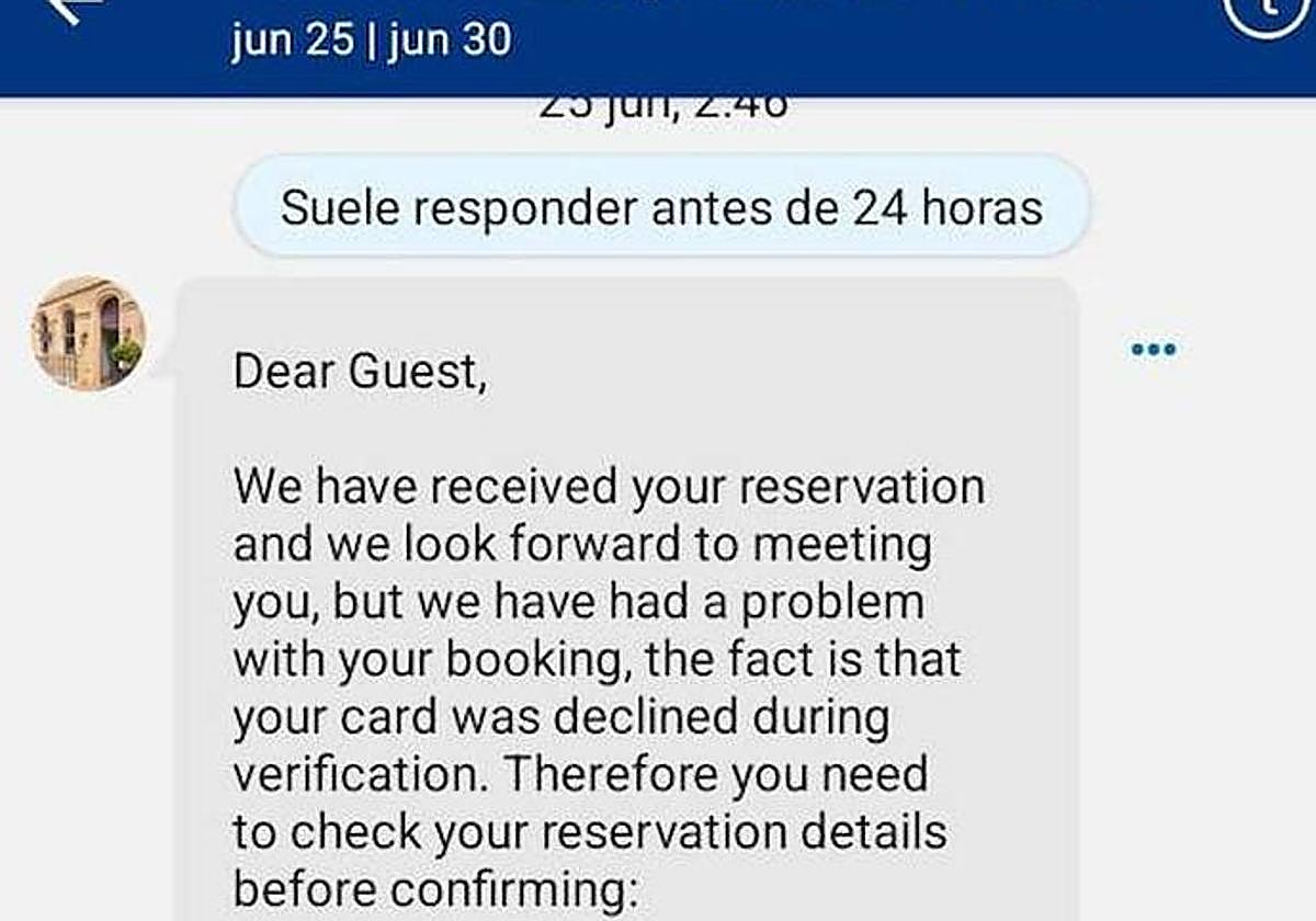 Parte del mensaje que Javier recibió por Booking.