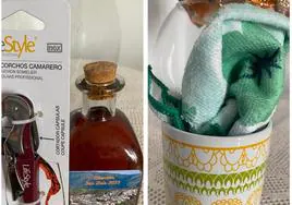 Botella de vino y taza con una bayeta, regalos para los mayores en Albóndón