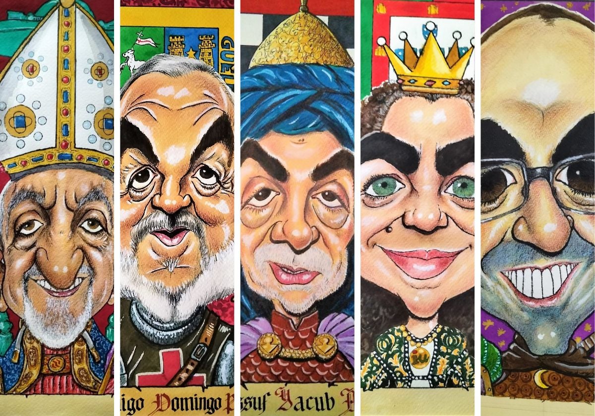 De izquierda a derecha, el obispo Rodrigo de Sigüenza, el canónigo Domingo Pascual, Yacub Al Mansur, la princesa Urraca e Ibn Muntanná.