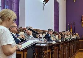 Gloria García, del colectivo Carmen Olmedo, durante la lectura de la moción.