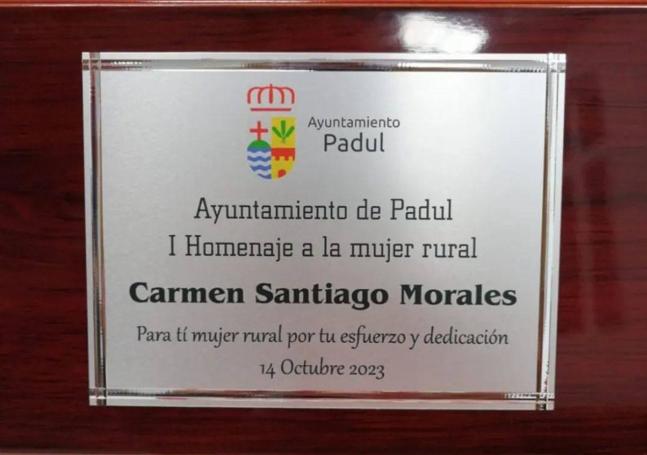 Placa que le entregaron a Carmen.