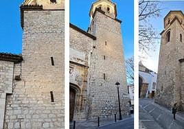 Perspectivas de la torre campanario de La Magdalena y grieta por su ligero movimiento.