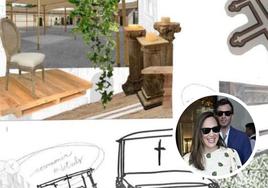 Los bocetos del mueble de la boda y una imagen de la pareja.
