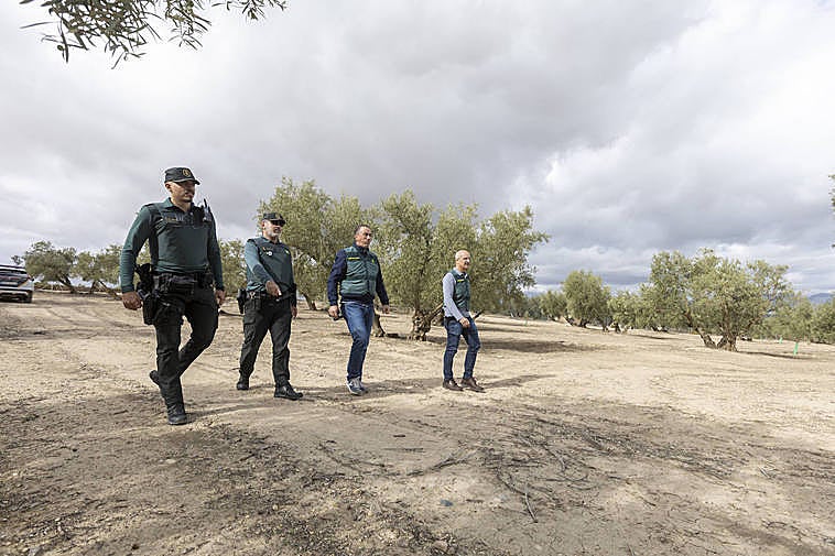 Investigadores del Grupo Roca y agentes de la Guardia Civil en una finca de aceituna.