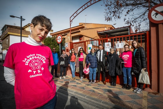 Miembros del PTIS, con camiseta roja, junto a padres y madres de alumnos, a las puertas del colegio Tierno Galván de Armilla.