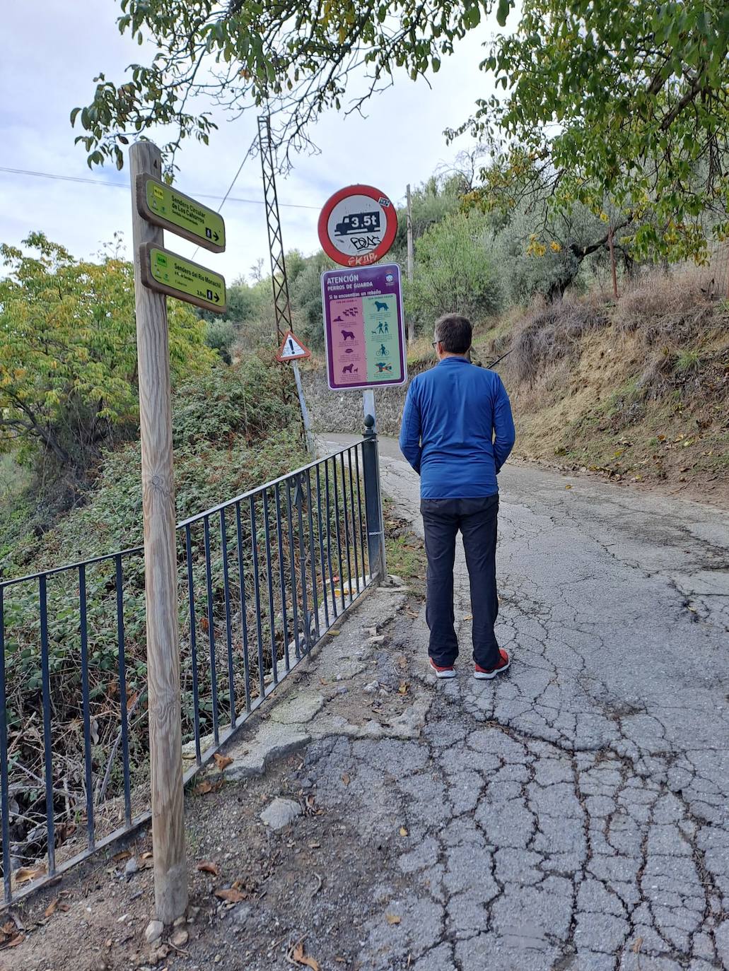 Imagen principal - Un senderista observa la señal en Monachil en el inicio del Camino de la Umbría. Empleados municipales de Güéjar Sierra colocan el aviso en Padules. Señalización en Quéntar.