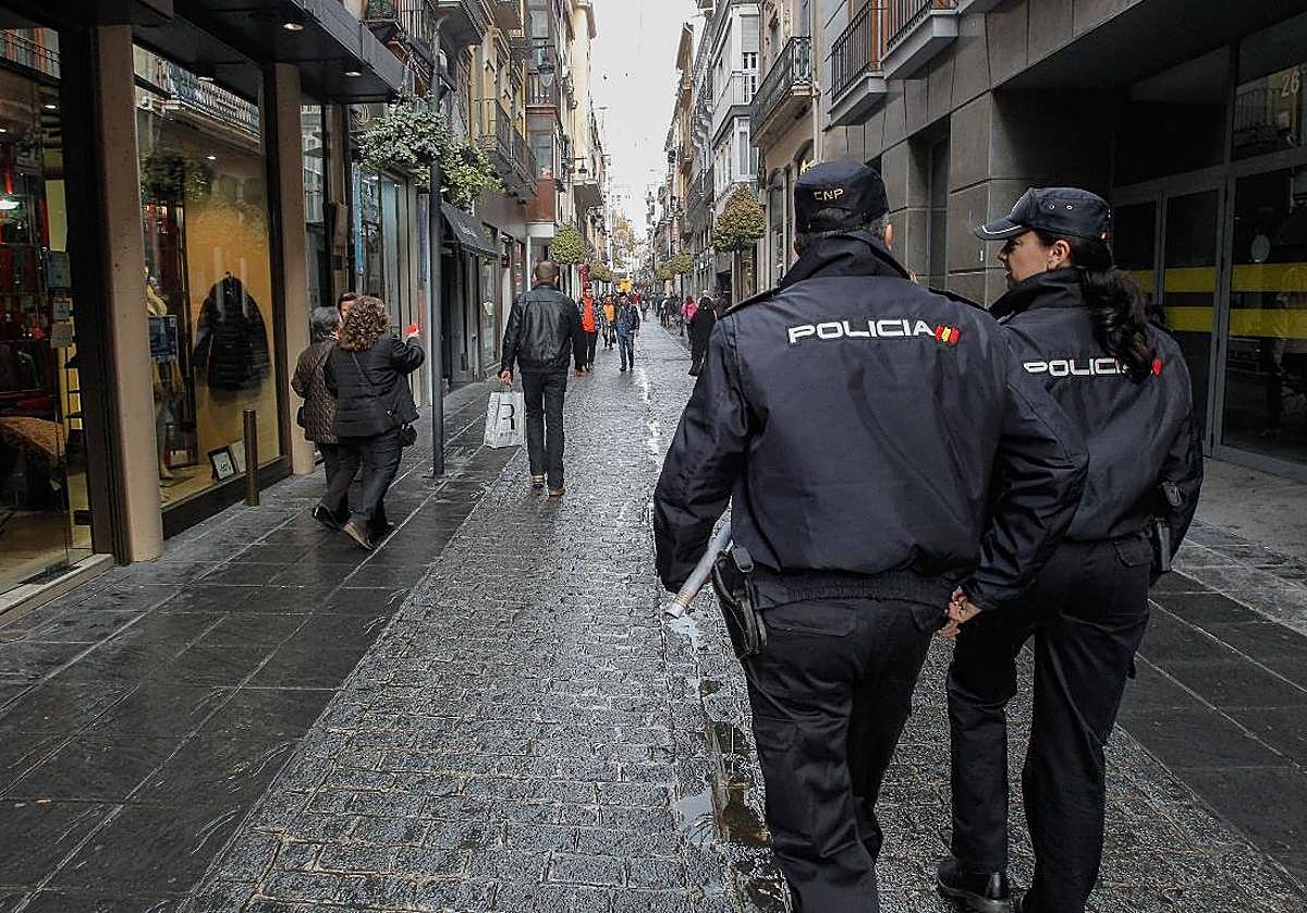 Una pareja de Policía Nacional patrulla por calle Mesones.