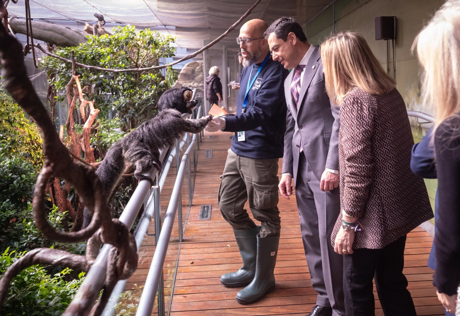Juanma Moreno saluda a un pequeño amigo, en el Biodomo del Parque de las Ciencias. 