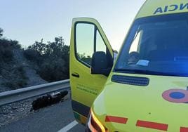 Una ambulancia del 061 junto a la motocicleta accidentada.