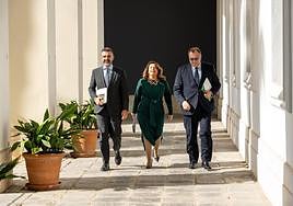 El portavoz del gobierno, Fernández-Pacheco, acompañado por la consejera Crespo y el consejero Bernal, ayer en San Telmo.