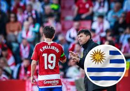 Alexander Medina conversa durante el partido con Facundo Pellistri, uruguayos ambos.