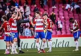 Ignasi Miquel aplaude a la afición entre la resignación general por el empate contra Las Palmas el pasado sábado en Los Cármenes.