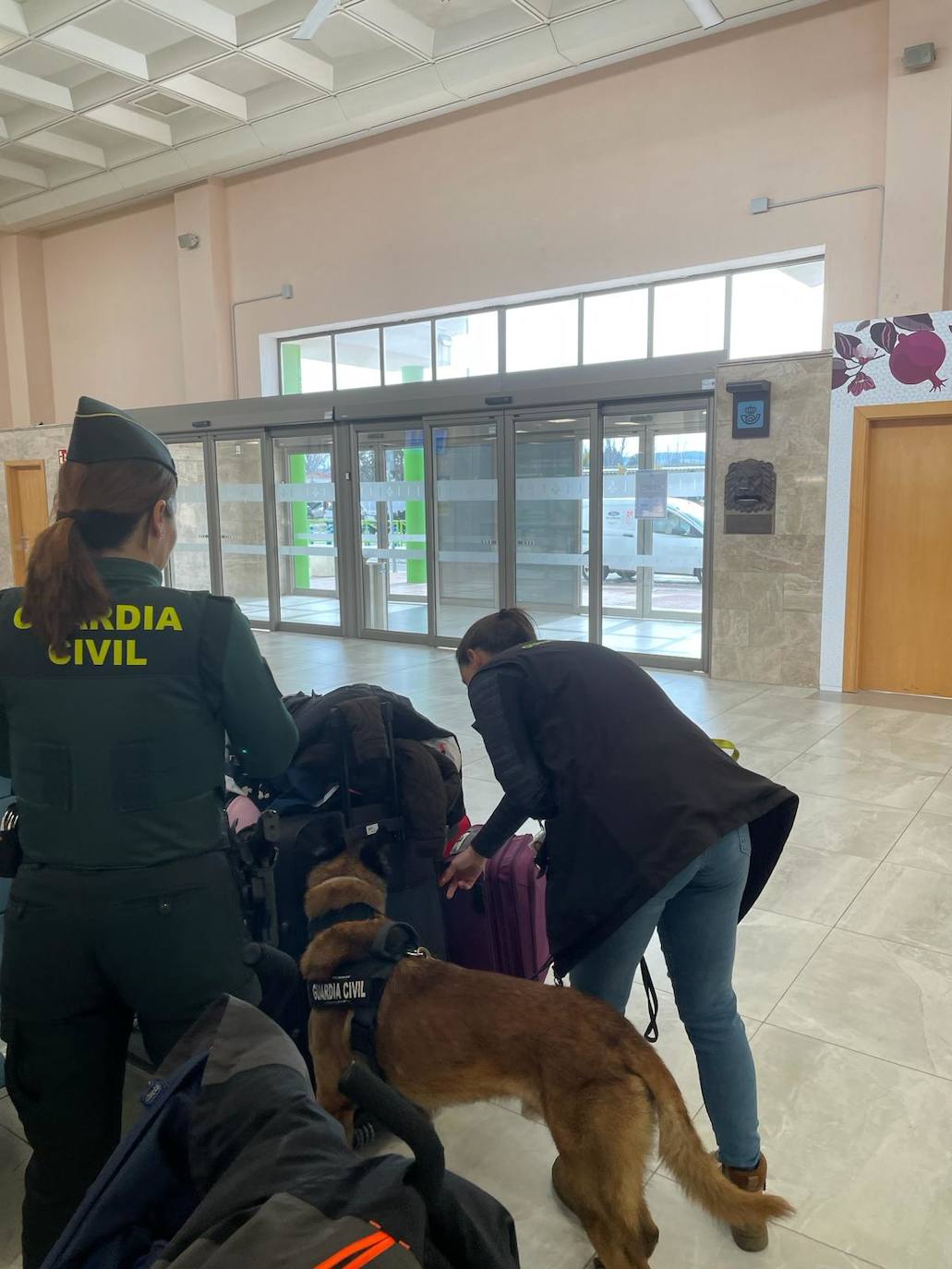 Agentes del Servicio Cinológico de Granada y del Servicio Fiscal del aeropuerto junto a Nemo el día que detectó la droga.