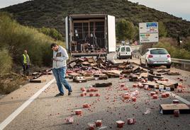 Carga de tomates derramada por la carretera