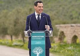 Juanma Moreno durante la inauguración de la primera planta solar fotovoltaica flotante que se instala en Andalucía.