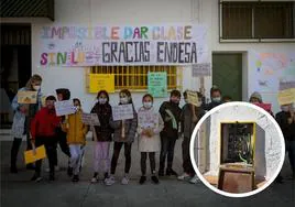 Protesta en el patio del colegio Luisa de Marillac hace dos años. En el círculo, el enganche ilegal.