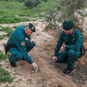 Dos agentes del Pacprona señalan una zona en la que descubrieron un pozo ilegal, ya sellado.