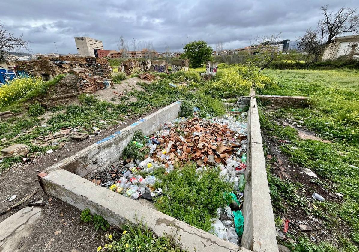 Botellas, plásticos y cristales acumulados en las ruinas donde se jóvenes hacen botellón.