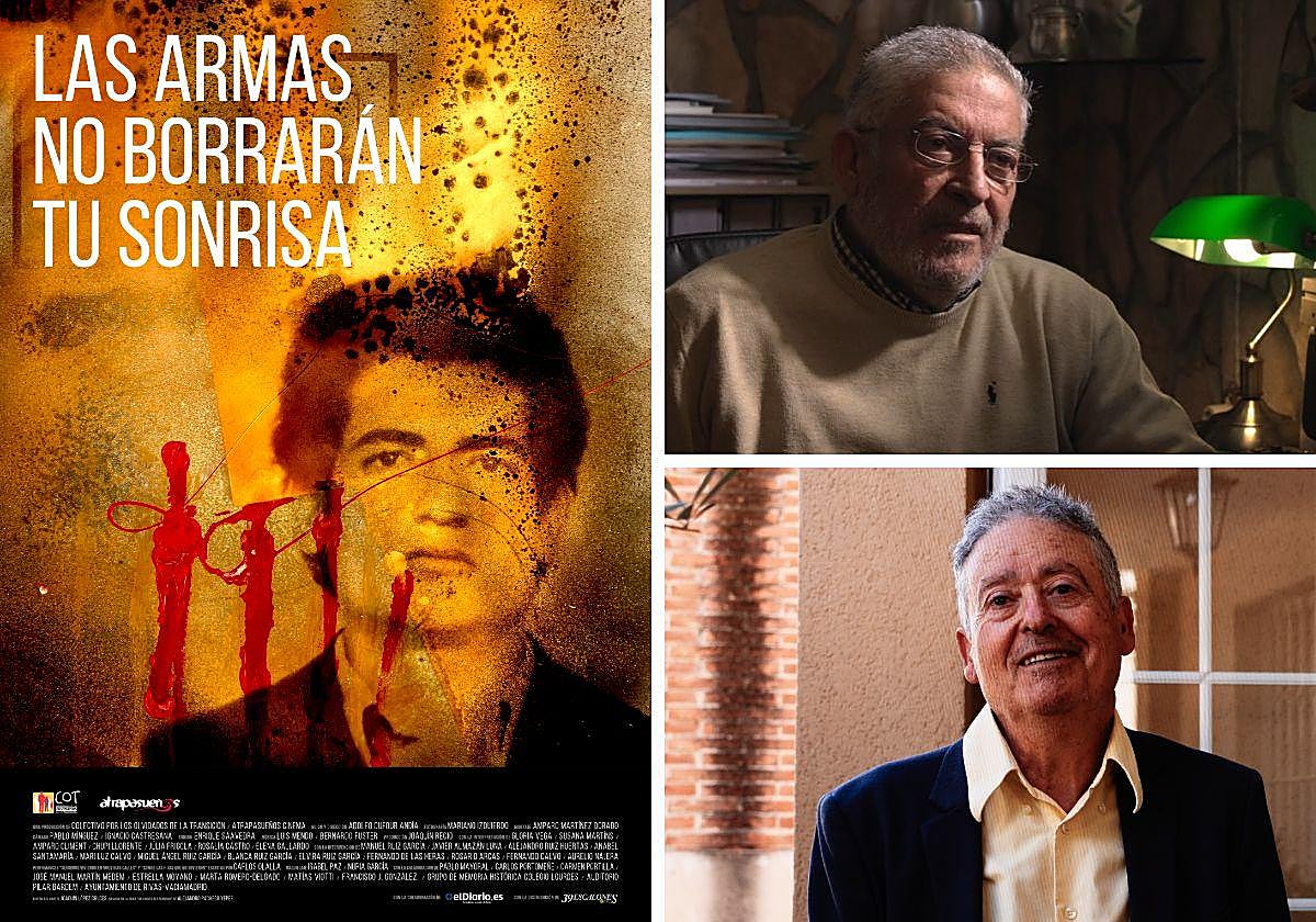 El cartel de 'Las armas no borrarán tu sonrisa', obra de Joaquín López Cruces; y Manuel y Miguel, hermanos de Arturo Ruiz, asesinado en 1977, en varias escenas de la película.