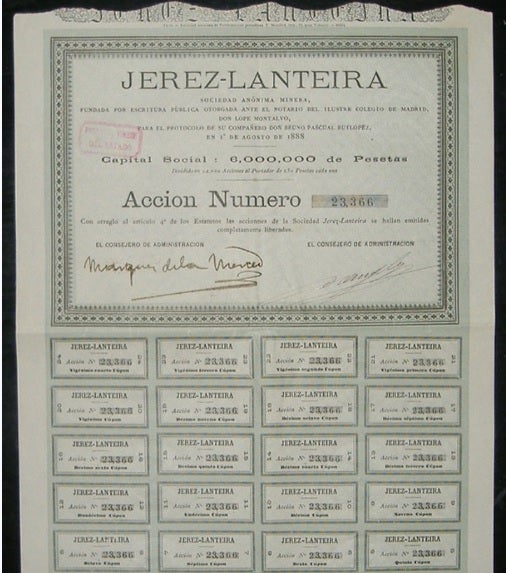 Imagen secundaria 2 - Arriba, monedas de 1 peseta de 1944; debajo, extracción de mineral de la vecina mina de Alquife en aquella época y acción que se vende en internet de la sociedad creada por Meermans en 1888.