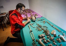 Examinando los restos del niño hallado en la fosa diecisiete de Víznar.