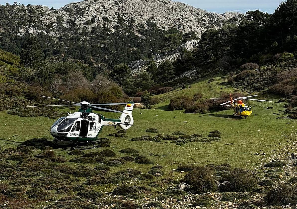 Imagen principal - Imagen de los helicópteros, de la zona donde tuvo lugar el suceso y de Daniela en el hospital.