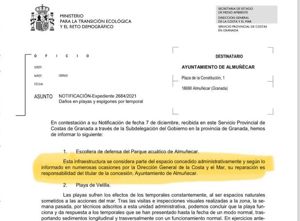 Extracto de la misiva remitida al Ayuntamiento de Almuñecar en 2021.