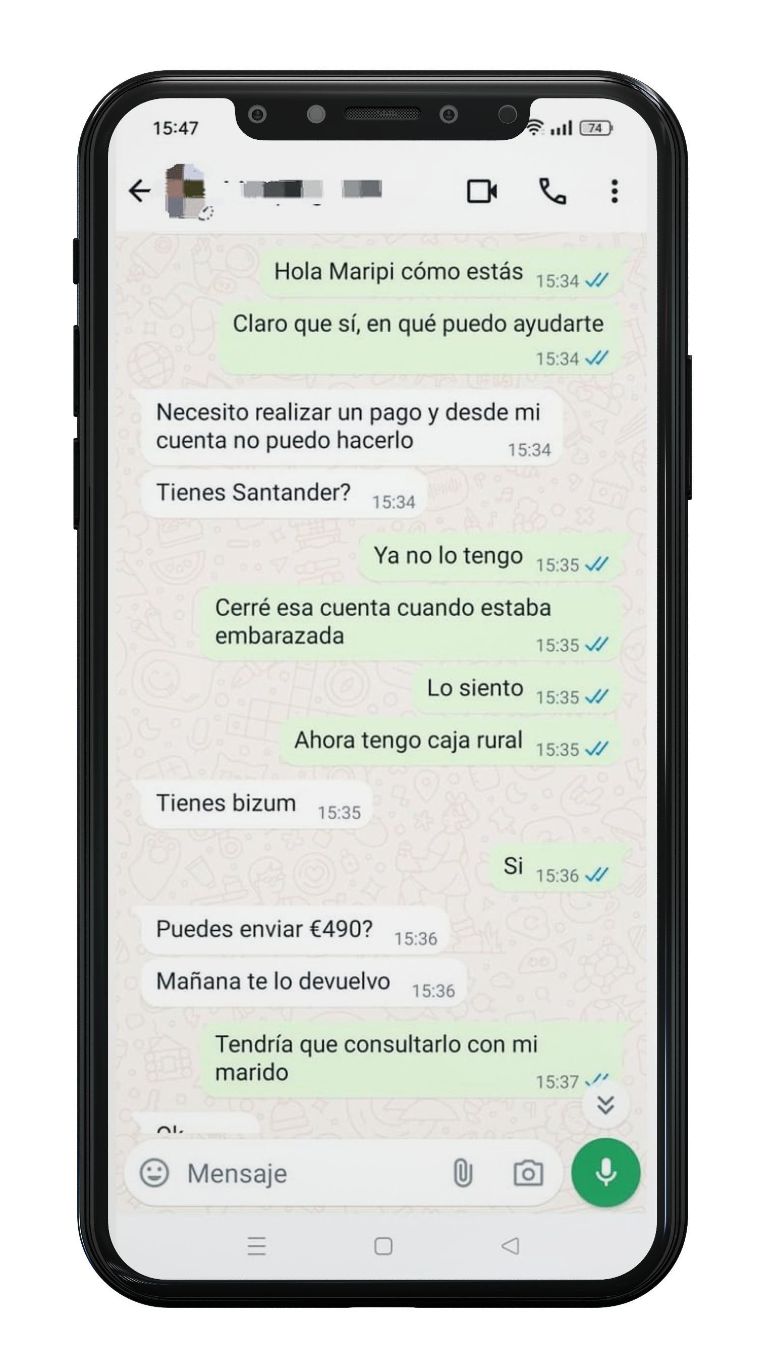 Una de las capturas de los mensajes que recibieron los contactos de María.
