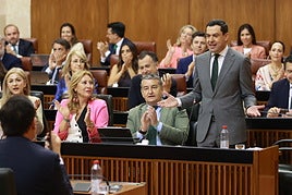 Juanma Moreno se dirige al grupo socialista durante una de sus intervenciones en el pleno.