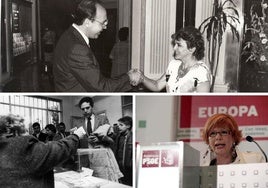 Francisca Pleguezuelos, a la derecha; Rafael Estrella, a la izquierda vota en el año 1986. Arriba, José Luis Valverde felicita a María Izquierdo tras ser elegida eurodiputada