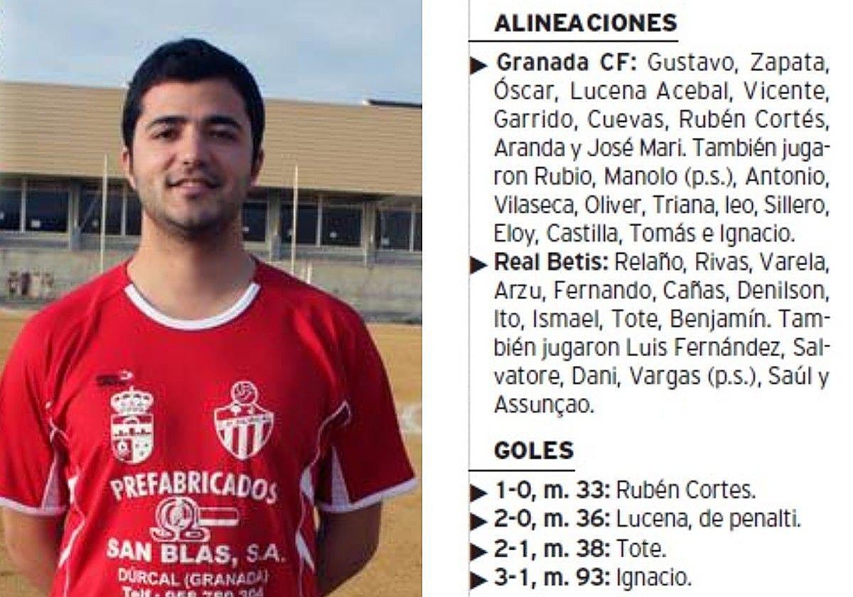 Salcedo, en el Dúrcal. A la derecha, la ficha de su debut con el Granada en un amistoso.