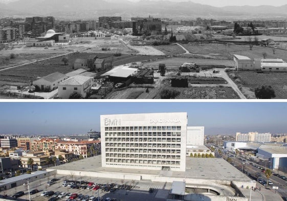 Terrenos en 1996, con una vaquería y solares vacíos, y el actual panorama con el Cubo y el Museo Memoria de Andalucía